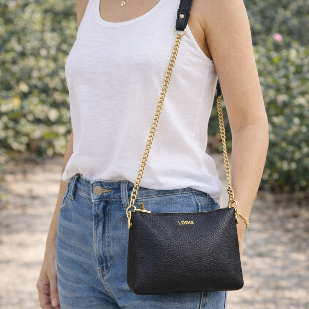 Lodis Emily Convertible Crossbody Purse Black Pebbled Leather Gold Chain